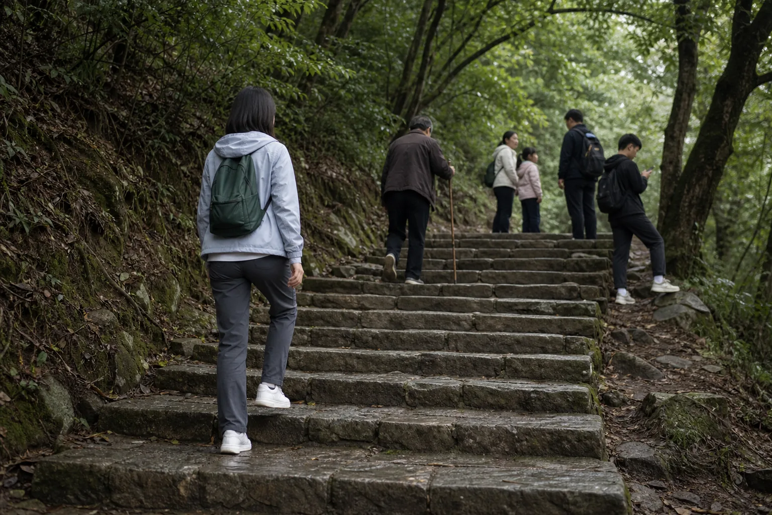 衡山上山石阶与树影
